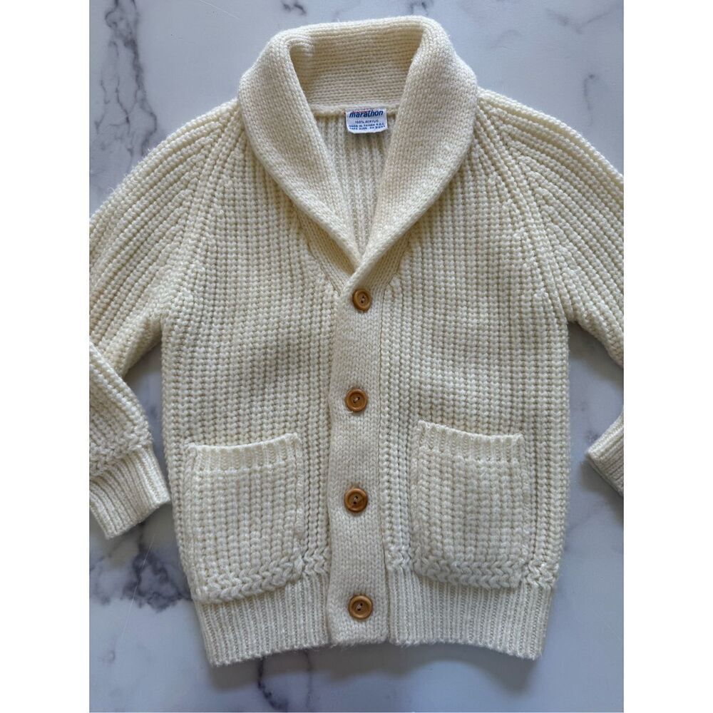 Marathon cream button up grandpa vintage 70s knit unisex kids cardigan sweater